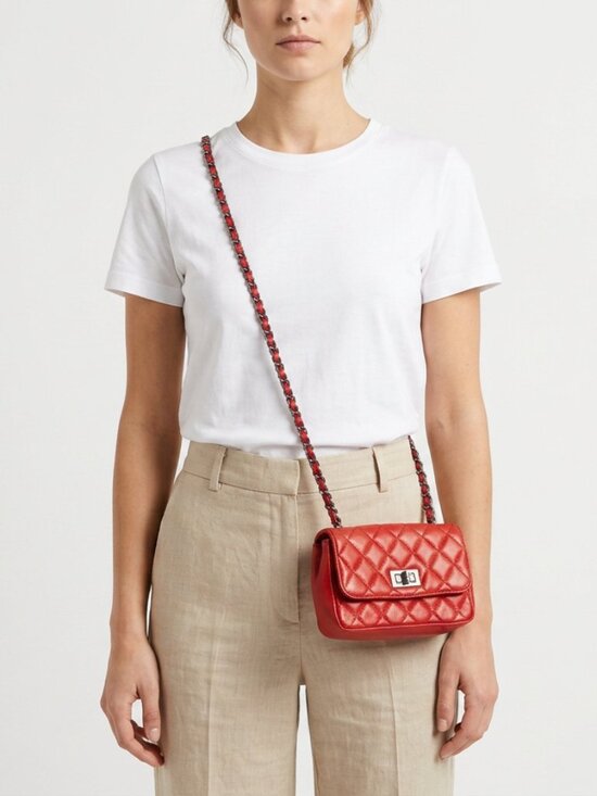 Handbags - Quilted Red Leather Mini Crossbody Bag Chain Strap Turn Lock Made in Italy